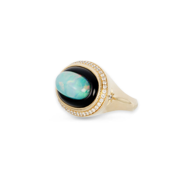 Jacquie Aiche Pave Oval Onyx + Opal Diamond Starburst Ring