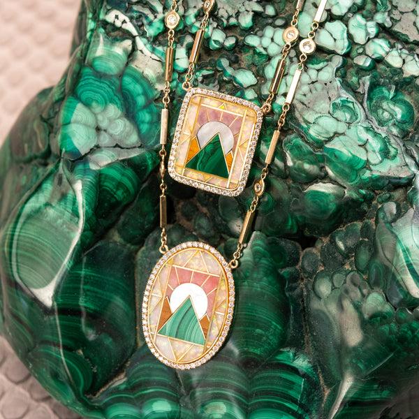 Jacquie Aiche Pave Oval Pyramid Scenic Gemstone Inlay Necklace