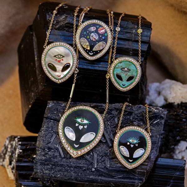 Jacquie Aiche Pavé Pearl + Onyx Alien Heart Eye Inlay Necklace