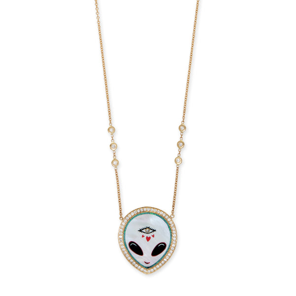 jacquie aiche Pavé Pearl + Onyx Alien Heart Eye Inlay Necklace