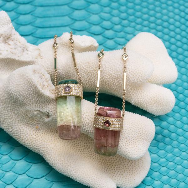 Jacquie Aiche Pavé Pink Sapphire Center Cap + Watermelon Tourmaline Crystal Necklace