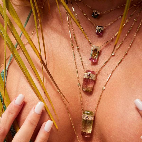 Jacquie Aiche Pavé Pink Sapphire Center Cap + Watermelon Tourmaline Crystal Necklace