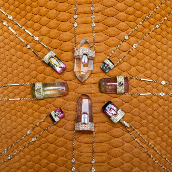 Jacquie Aiche Pavé Pink Sapphire Center Cap + Watermelon Tourmaline Crystal Necklace