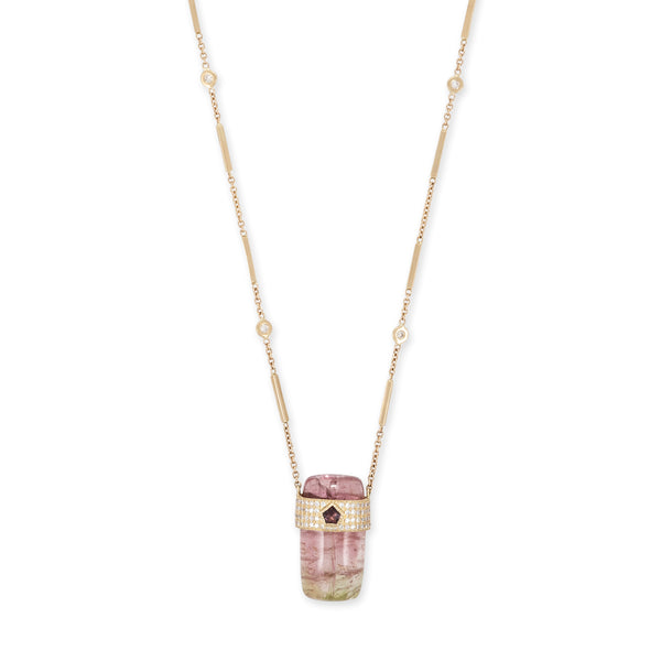 jacquie aiche Pavé Pink Sapphire Center Cap + Watermelon Tourmaline Crystal Necklace