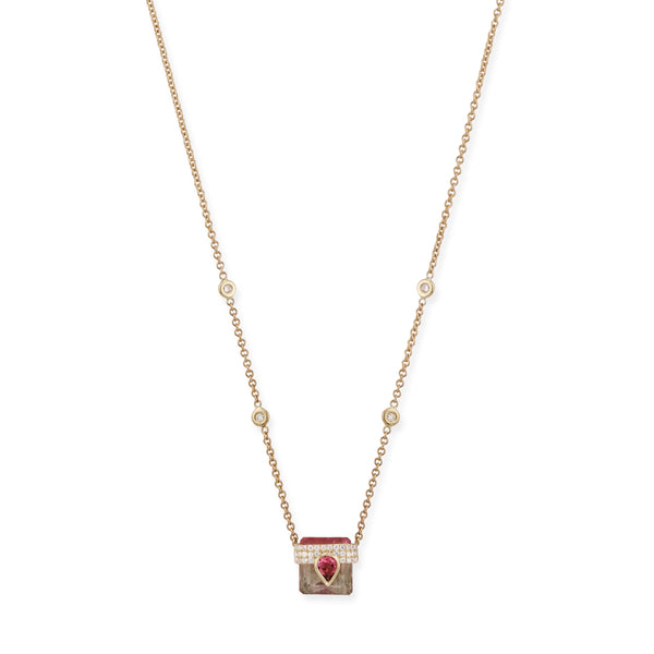 jacquie aiche Pave Pink Tourmaline Teardrop Cap + Pink Neutral Tourmaline Baguette Necklace