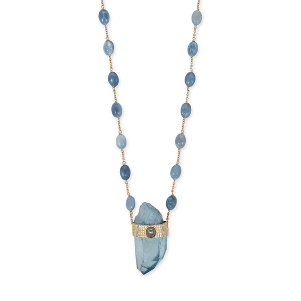 jacquie aiche PAVE ROSE CUT DIAMOND CAP AQUA AURA CRYSTAL + BLUE OPAL BEAD CHAIN NECKLACE