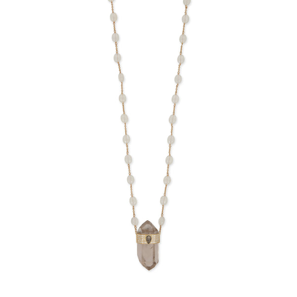 Jacquie Aiche PAVE ROSE CUT DIAMOND CAP CLEAR QUARTZ CRYSTAL + MOONSTONE BEAD CHAIN NECKLACE