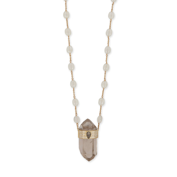 jacquie aiche PAVE ROSE CUT DIAMOND CAP CLEAR QUARTZ CRYSTAL + MOONSTONE BEAD CHAIN NECKLACE