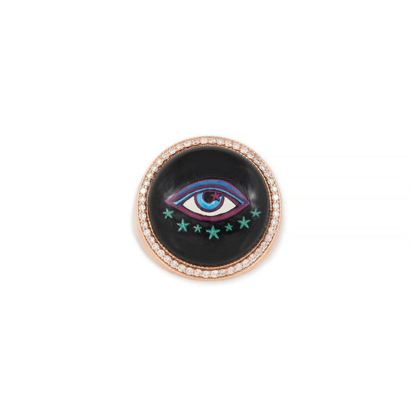 jacquie aiche Pave Round Hand Painted Eye + Star Onyx Signet Ring