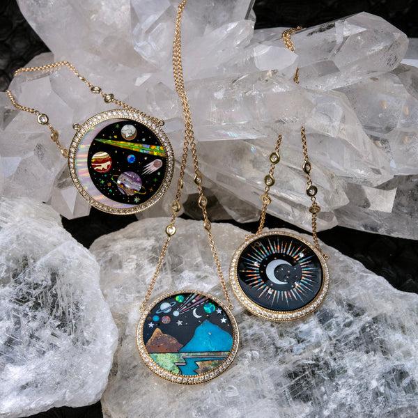 Jacquie Aiche Pavé Round Onyx + Opal Crescent Galaxy Planet Inlay Necklace