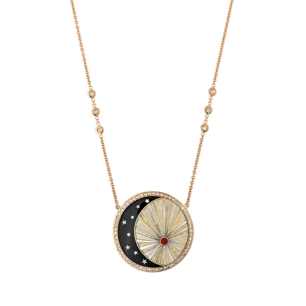 Jacquie Aiche Pavé Round Onyx Star Crescent + Opal Rays Inlay Necklace