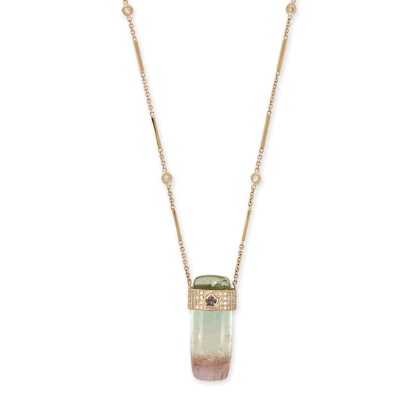 jacquie aiche Pavé Sapphire Center Cap + Watermelon Tourmaline Crystal Necklace