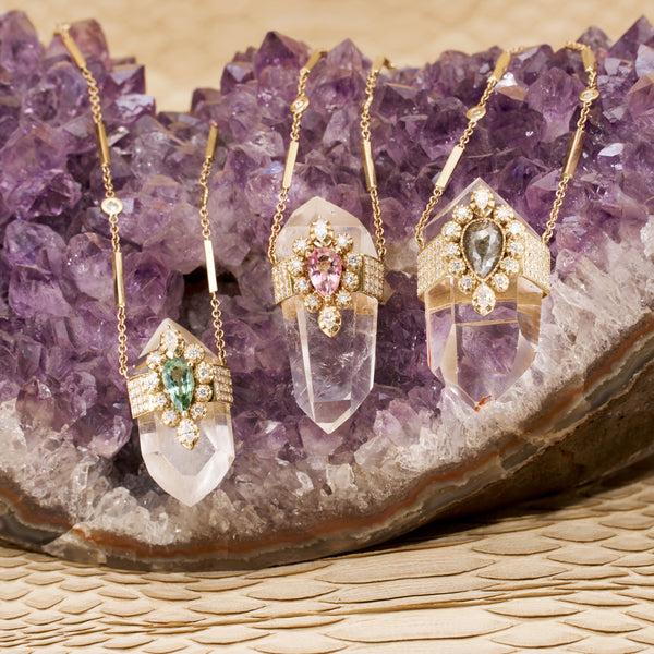 Jacquie Aiche PAVE SOPHIA DIAMOND CAP CLEAR QUARTZ CRYSTAL NECKLACE