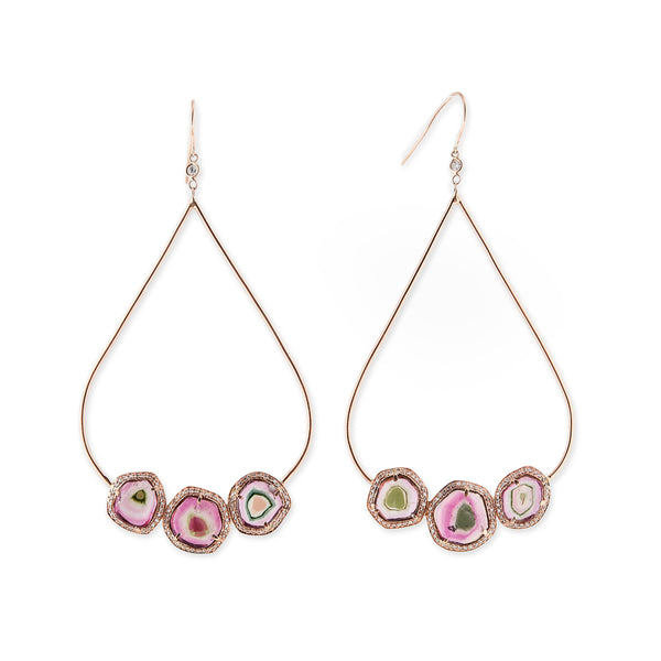 jacquie aiche PAVE TRIPLE WATERMELON TOURMALINE SLICE TEARDROP HOOP EARRINGS
