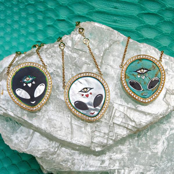 Jacquie Aiche Pavé Turquoise + Onyx Alien Heart Eye Inlay Necklace