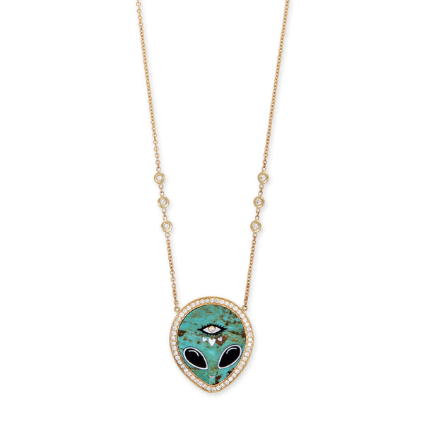 jacquie aiche Pavé Turquoise + Onyx Alien Heart Eye Inlay Necklace