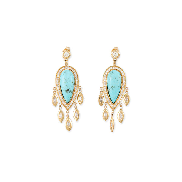 jacquie aiche PAVE TURQUOISE TEARDROP + MARQUISE DIAMOND SHAKERS DROP EARRINGS