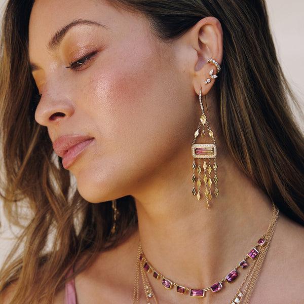 Jacquie Aiche Pave Watermelon Tourmaline Baguette + Hammered Kite Chandelier Earrings