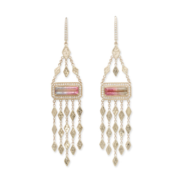jacquie aiche Pave Watermelon Tourmaline Baguette + Hammered Kite Chandelier Earrings