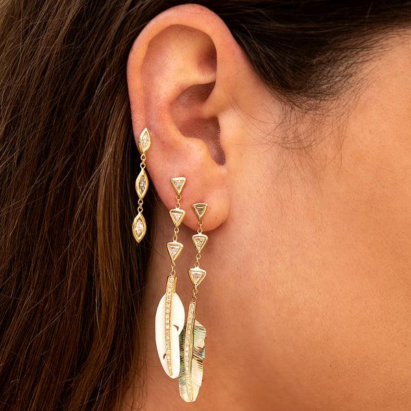 Jacquie Aiche PAVE WHITE BONE FEATHER + 3 DIAMOND TRILLION EARRING