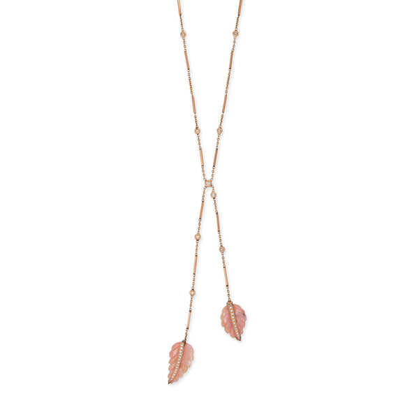 jacquie aiche PINK PERUVIAN OPAL DOUBLE PAVE LEAF BOLO SMOOTH BAR NECKLACE