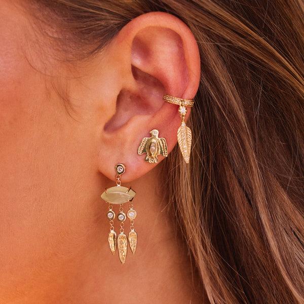 Jacquie Aiche Prehnite Marquise + Diamond Hammered Teardrop Chandelier Drop Stud Earrings