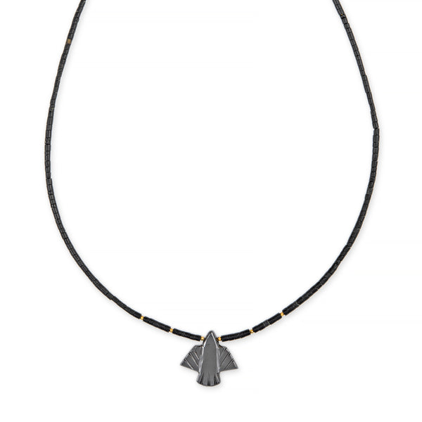jacquie aiche Small Hematite Thunderbird + Gold and Onyx Beaded Toggle Necklace