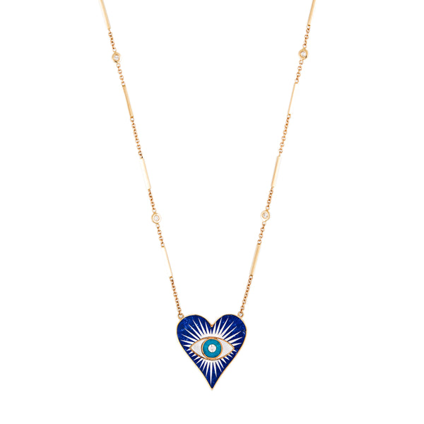 jacquie aiche SMALL LAPIS PEARL TURQUOISE INLAY EYE BURST HEART NECKLACE