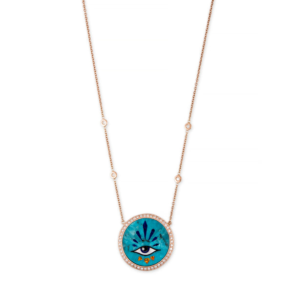 jacquie aiche SMALL PAVE 3 HEARTS EYE BURST TURQUOISE INLAY NECKLACE