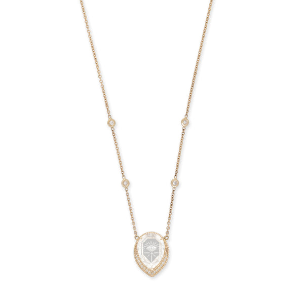 jacquie aiche Small Pavé Carved Eye Burst Clear Quartz Teardrop Necklace