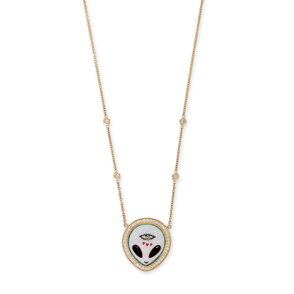 jacquie aiche Small Pavé Pearl + Onyx Alien Heart Eye Inlay Necklace