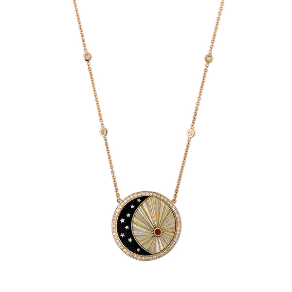 Jacquie Aiche Small Pavé Round Onyx Star Crescent + Opal Rays Inlay Necklace