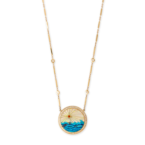 jacquie aiche Small Pavé Round Opal Rays + Turquoise Waves Inlay Smooth Bar Necklace