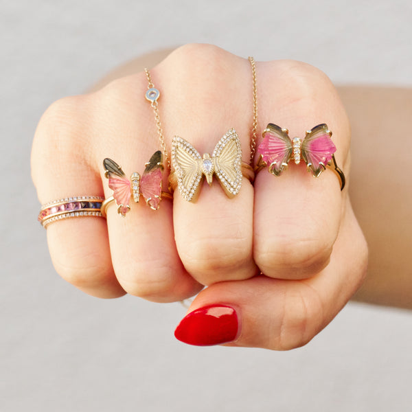 Jacquie Aiche Small Watermelon Tourmaline Pave Center Butterfly Ring