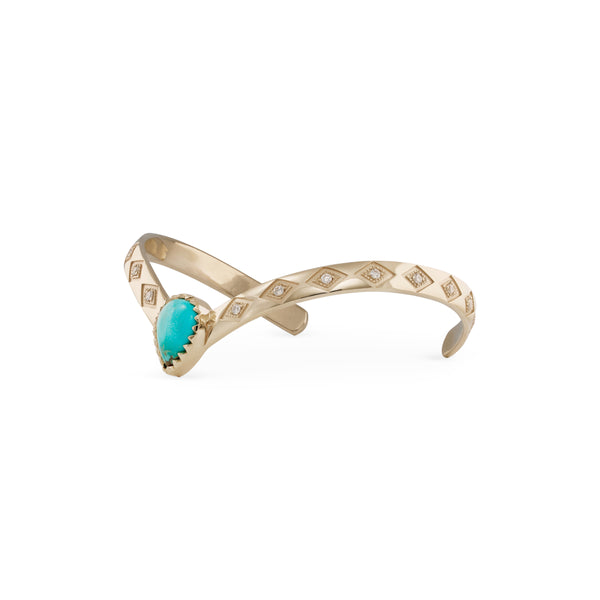 Jacquie Aiche Turquoise Teardrop Center Diamond Kite Engraved V Cuff Bracelet
