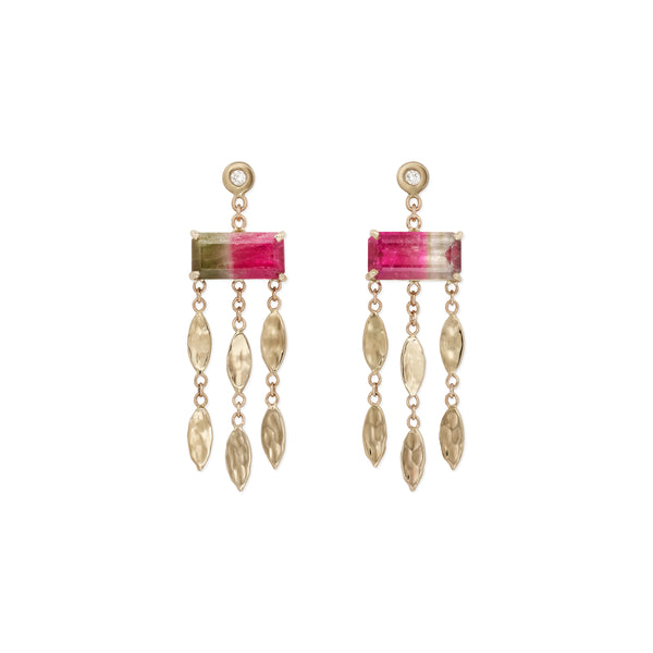 jacquie aiche Watermelon Tourmaline Baguette + Hammered Marquise Chandelier Drop Stud Earrings
