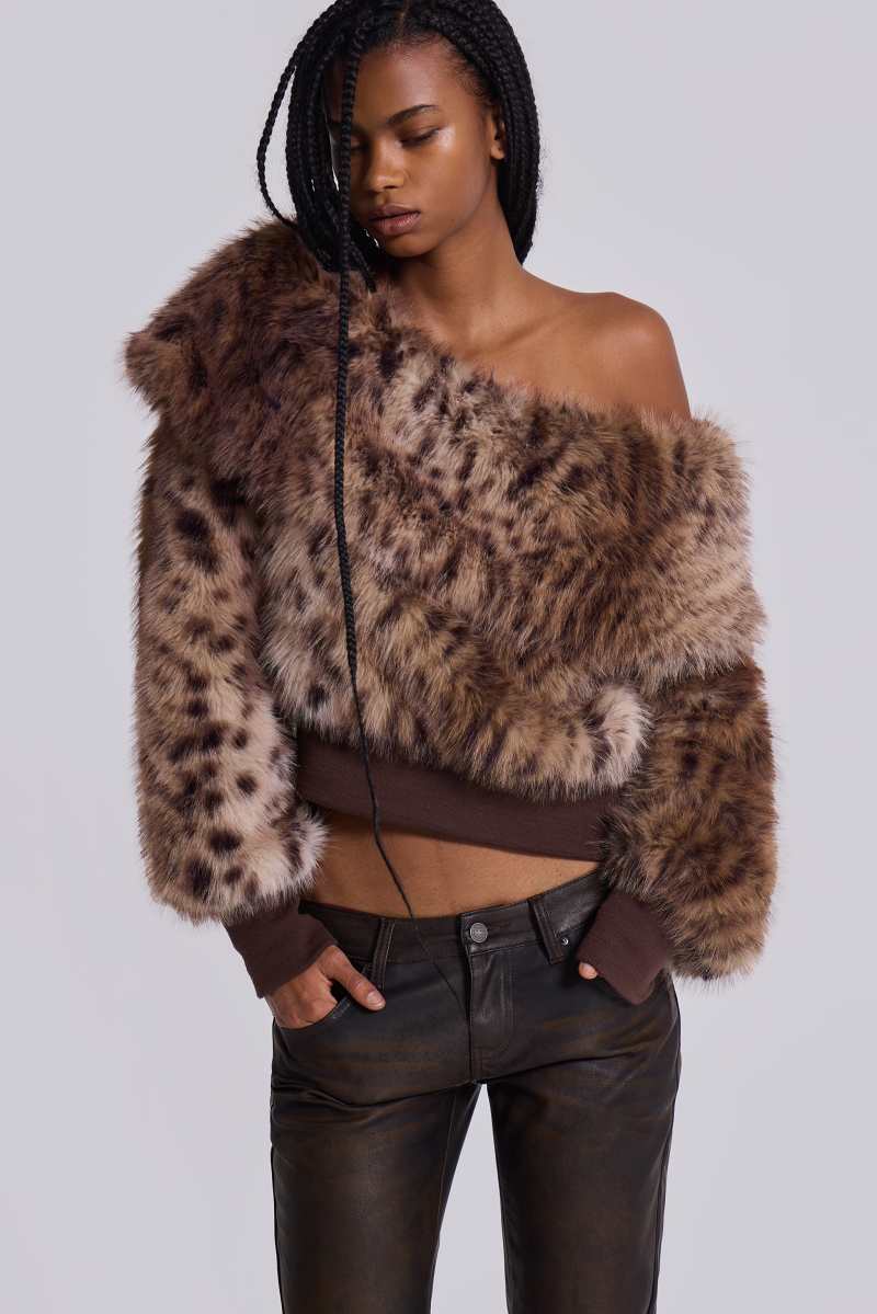 jaded london 316 Off Shoulder Fur Jumper in Leopard Brown