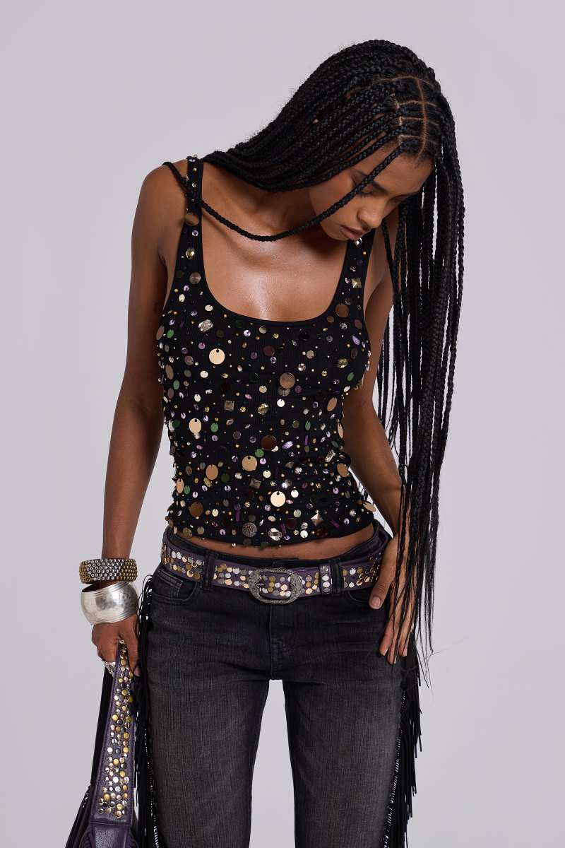 Jaded London Addison Sequin Vest Top In Midnight Black