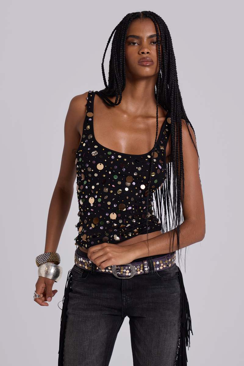 Jaded London Addison Sequin Vest Top In Midnight Black