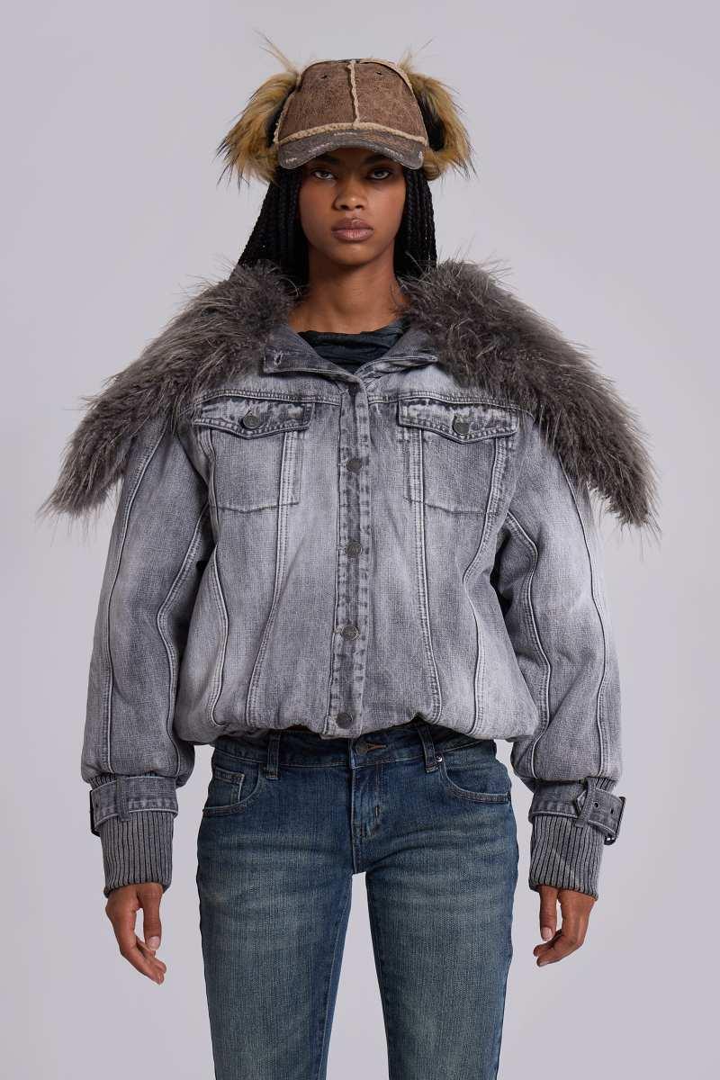 Jaded London Alloy Denim Bomber Jacket In Grey Grey