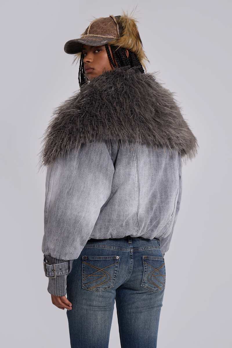 Jaded London Alloy Denim Bomber Jacket In Grey Grey