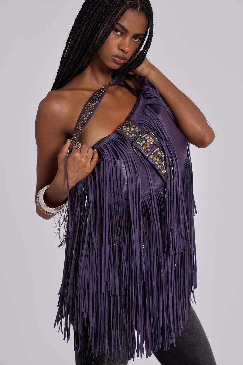 Jaded London Amethyst Fringe Studded Shoulder Bag Purple