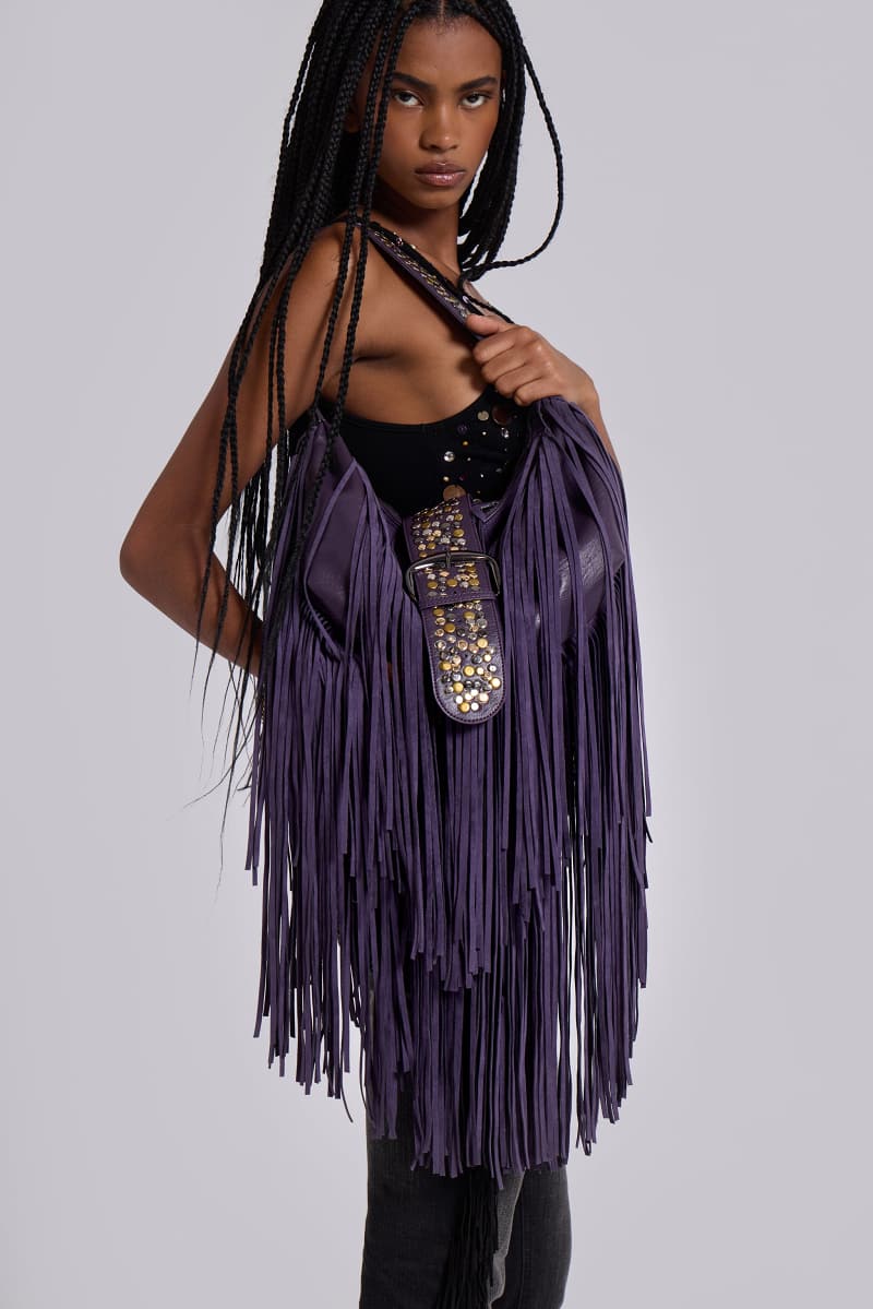 Jaded London Amethyst Fringe Studded Shoulder Bag Purple