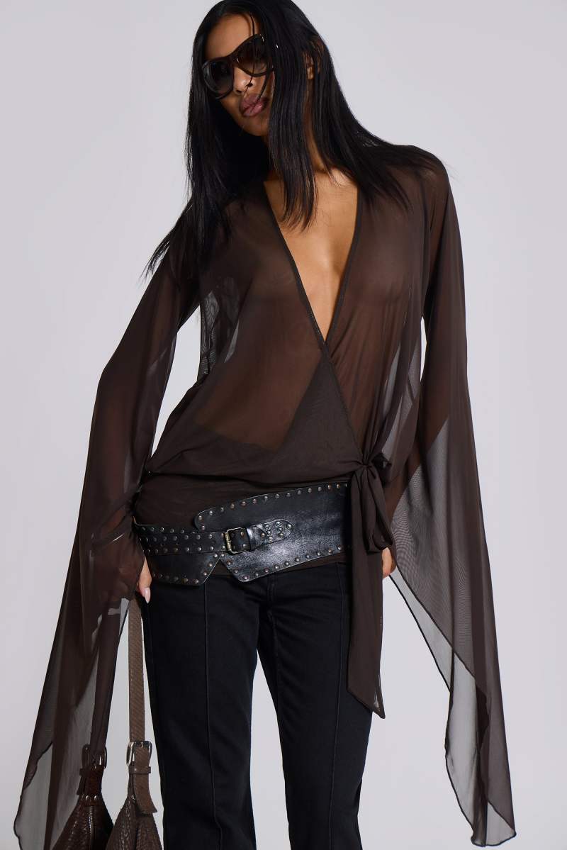 Jaded London Aria Mesh Plunge Mini Dress In Brown Brown