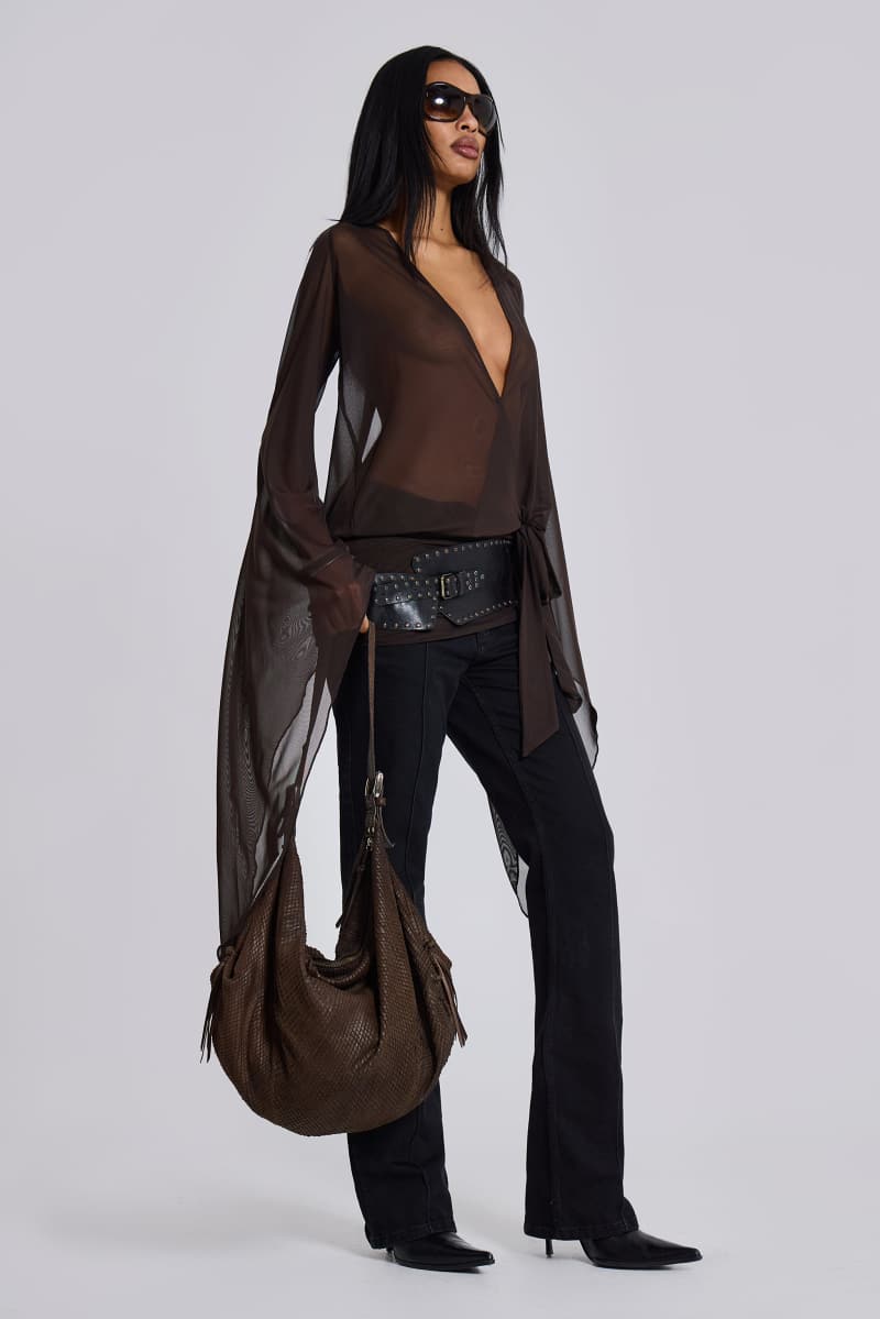 jaded london Aria Mesh Plunge Mini Dress in Brown Brown