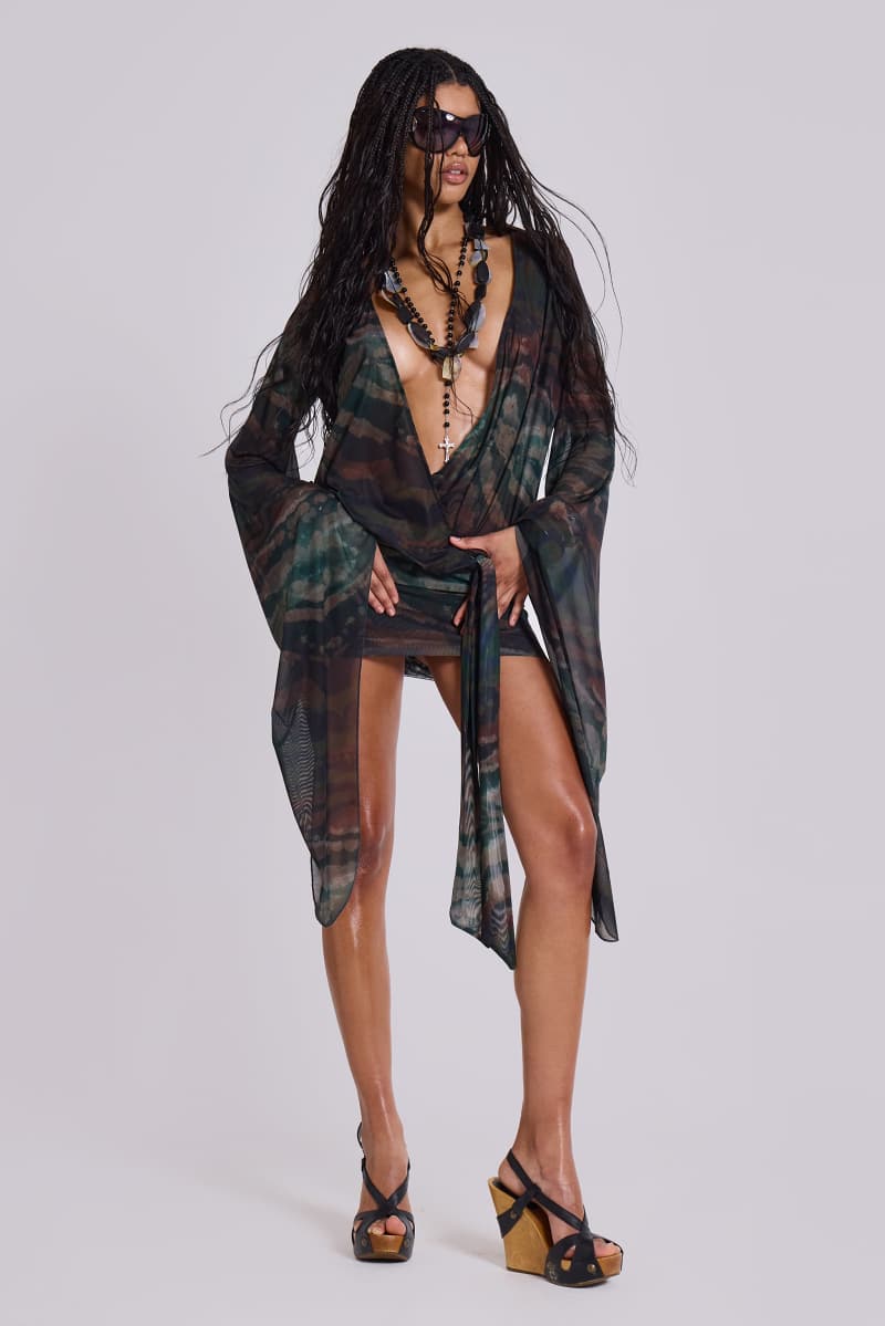 Jaded London Aria Mesh Plunge Mini Dress In Labyrinth Multi