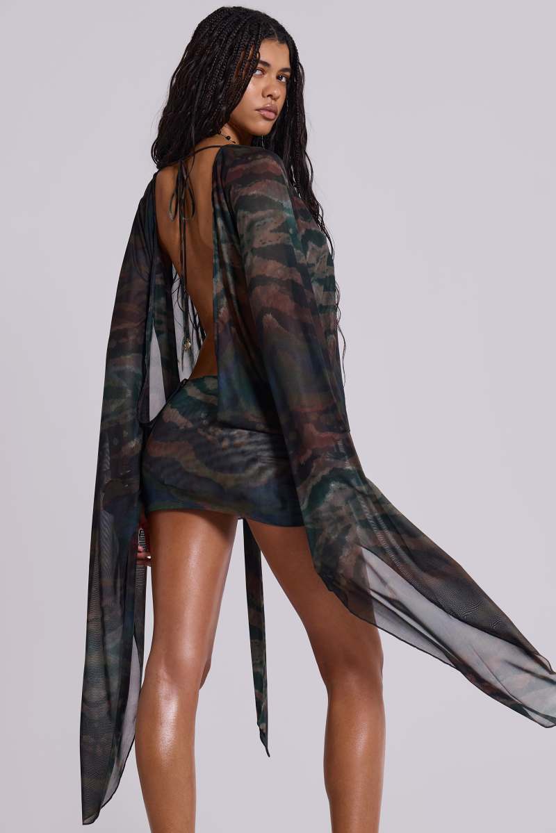 Jaded London Aria Mesh Plunge Mini Dress In Labyrinth Multi