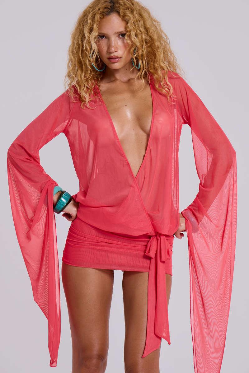 Jaded London Aria Mesh Plunge Mini Dress In Watermelon Watermelon