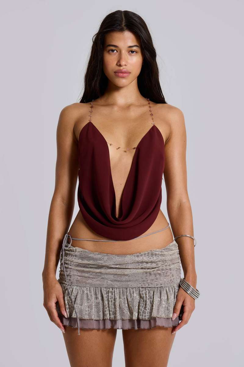 Jaded London Asteria Backless Cowl Top In Burgundy Multi
