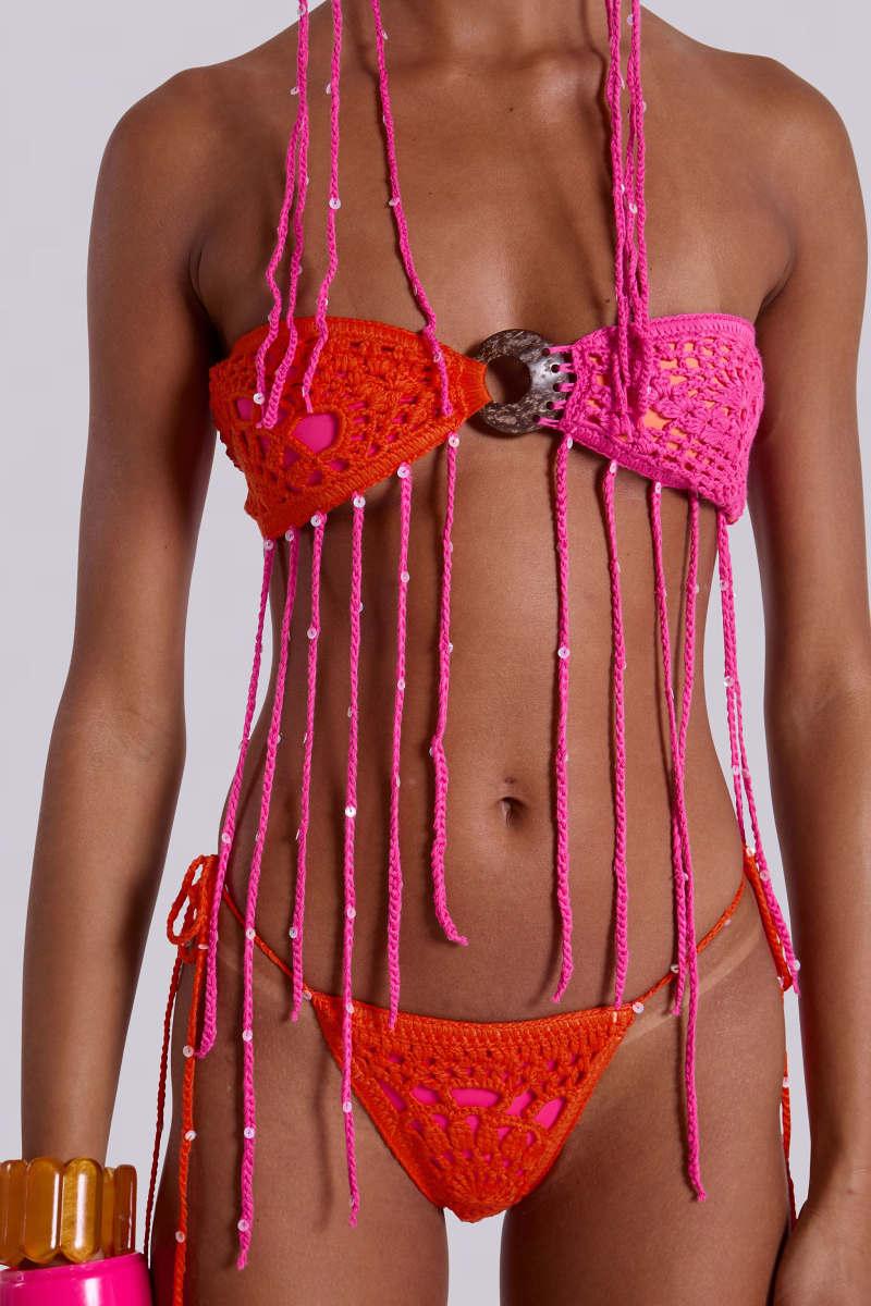 jaded london Aurea Crochet Fringe Bandeau Bikini Top Pink/Orange
